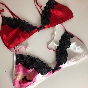 Lace Wire Free Bras Red Satin & Floral Medium 34